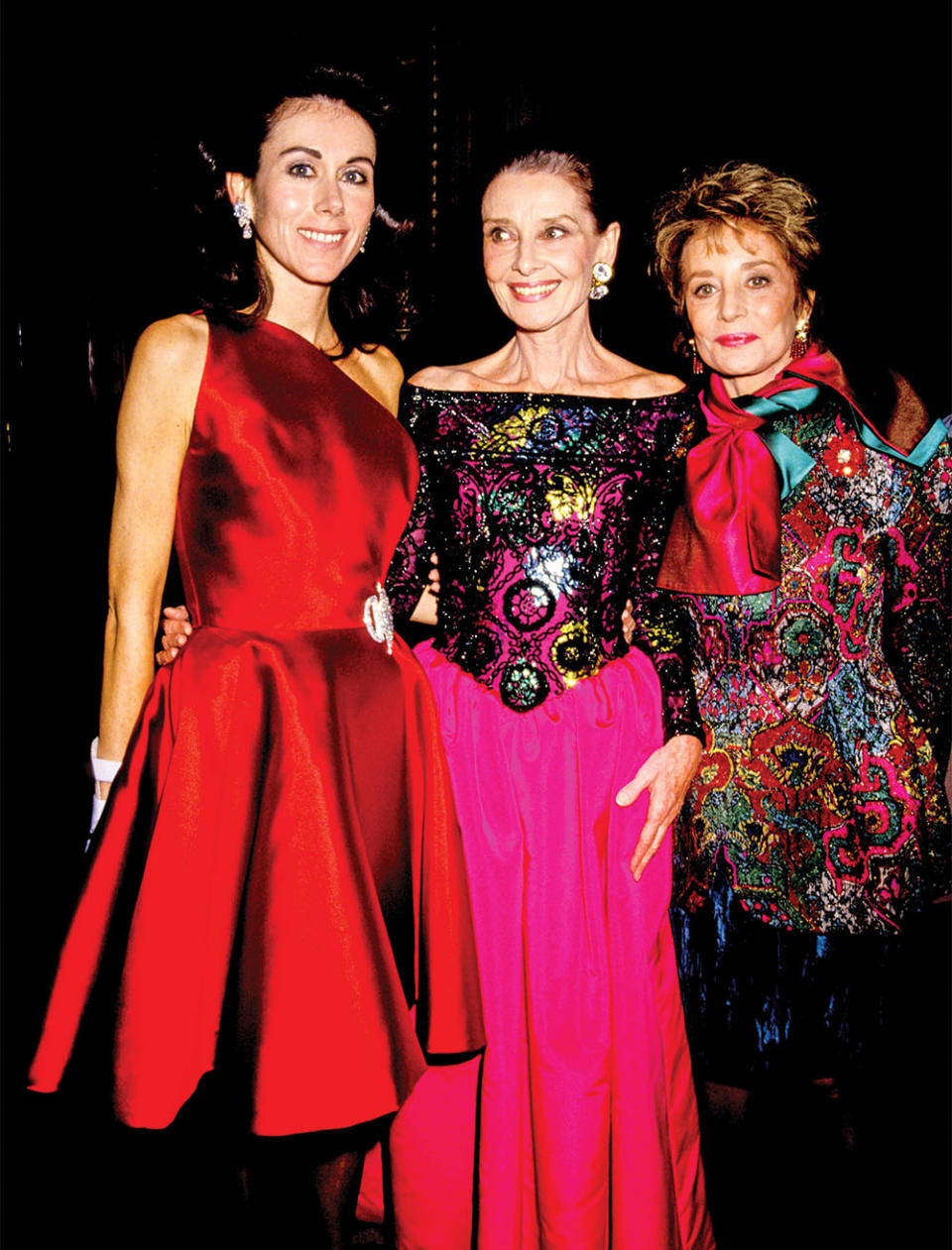 From left Carolyne Roehm, Audrey Hepburn and Barbara Walters wearing a brooch that’s in the auction in 1991.