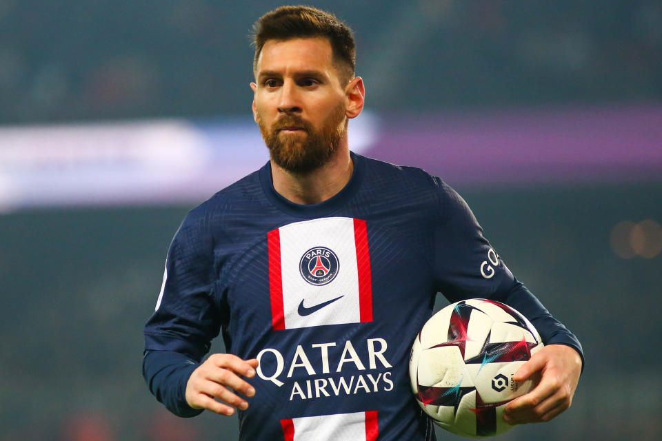 Lionel Messi during the French L1 football match between Paris Saint-Germain (PSG) and Olympique Lyonnais (OL) at The Parc des Princes Stadium, on April 02, 2023 in Paris, France. (Photo by Ibrahim Ezzat/NurPhoto via Getty Images)