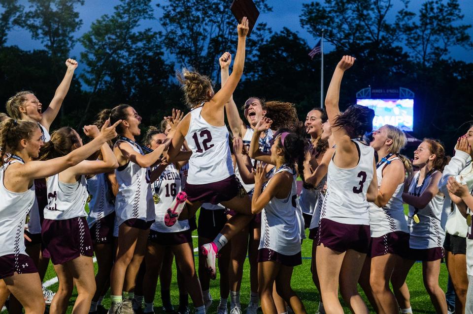 O'Neill celebrates their win during the Section 9 Class D girls lacrosse championship game at O'Neill High School in Highland Falls, NY on Thursday, May 26, 2022. O'Neill defeated Red Hook 19-7. KELLY MARSH/FOR THE TIMES HERALD-RECORD