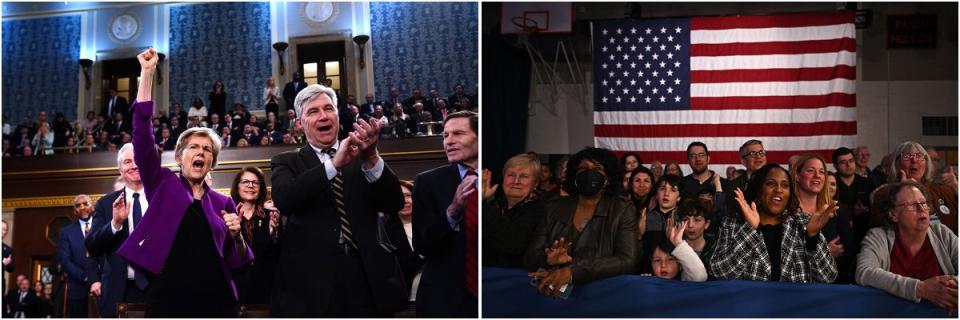 From left: Senators applaud Biden’s State of the Union speech; Biden supporters at a March 8 rally in Philadelphia<span class="copyright">Shawn Thew—EPA/Bloomberg/Getty Images; Jim Watson—AFP/Getty Images</span>