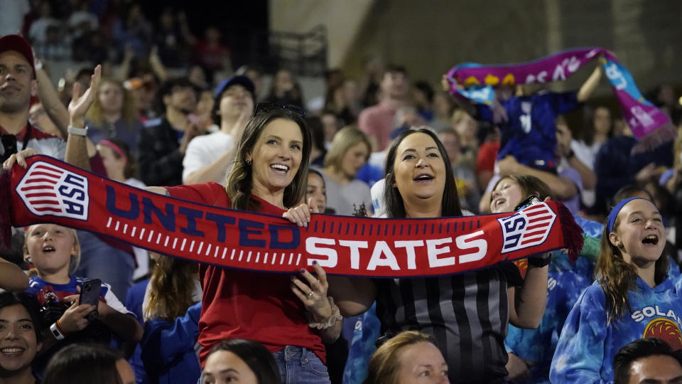 Fans cheer after the United States scored during the first half of a SheBelieves Cup soccer match against Brazil Wednesday, Feb. 22, 2023, in Frisco, Texas. The United States won 2-0. (AP Photo/LM Otero)