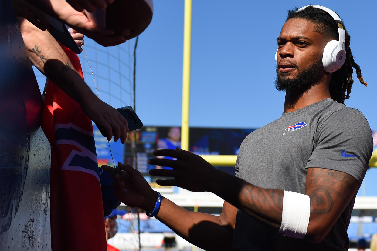 Sep 26, 2021; Orchard Park, New York, USA; Buffalo Bills safety Damar Hamlin (31) signs autographs prior to the game against the Washington Football Team at Highmark Stadium. Mandatory Credit: Rich Barnes-USA TODAY Sports