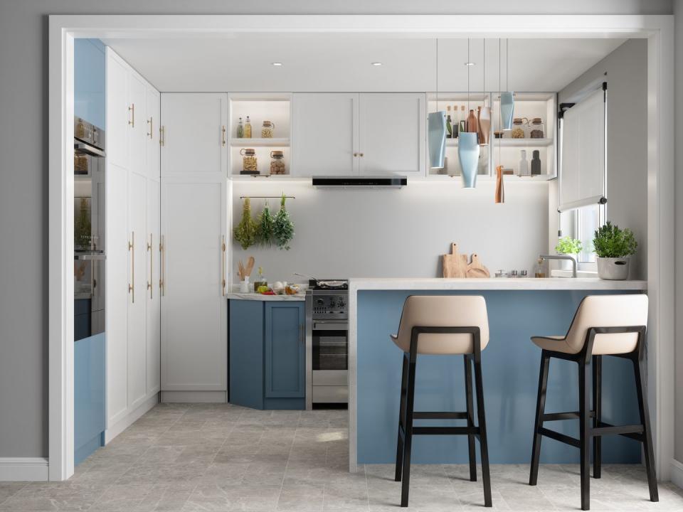 modern kitchen interior with kitchen island, blue and white cabinets and chairs