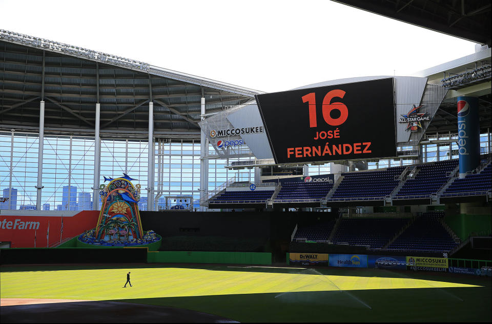 <p>Marlins Park honors starting pitcher Jose Fernandez after he was killed in a boating accident in Miami Gardens, Fla., on Sept. 25, 2016. (Robert Mayer-USA TODAY Sports/Reuters) </p>