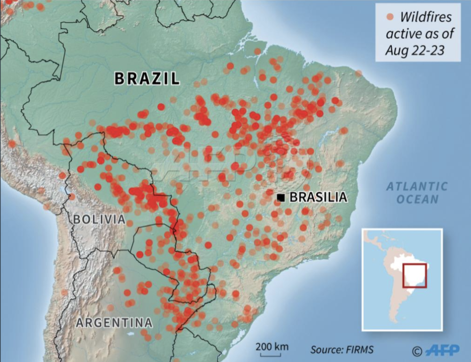 A map of the ongoing fires in Brazil. Source: AFP