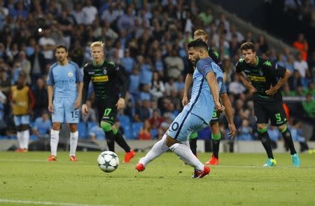 Britain Soccer Football - Manchester City v Borussia Monchengladbach - UEFA Champions League Group Stage - Group C - Etihad Stadium, Manchester, England - 14/9/16 Manchester City's Sergio Aguero scores their second goal from the penalty spot Reuters / Phil Noble Livepic