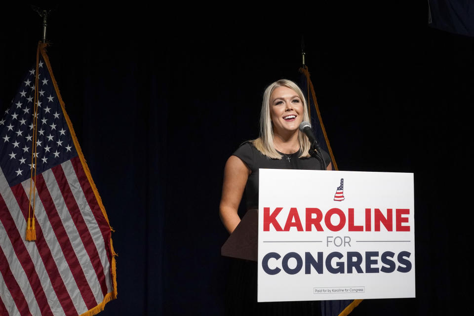 New Hampshire Republican 1st Congressional District candidate Karoline Leavitt concedes the election to U.S. Rep. Chris Pappas, D-N.H., at Wentworth by the Sea Country Club, Tuesday, Nov. 8, 2022, in Rye, N.H. (AP Photo/Mary Schwalm)