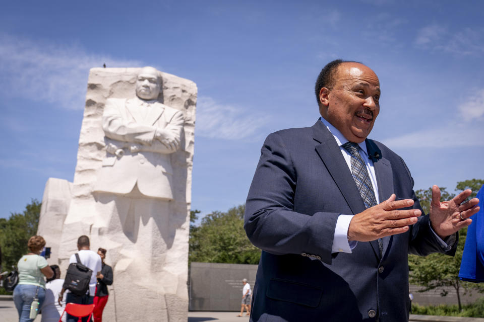 Martin Luther King III, the son of Martin Luther King Jr., speaks during an interview at The Martin Luther King, Jr., Memorial in Washington, Friday, Aug. 25, 2023. (AP Photo/Andrew Harnik)