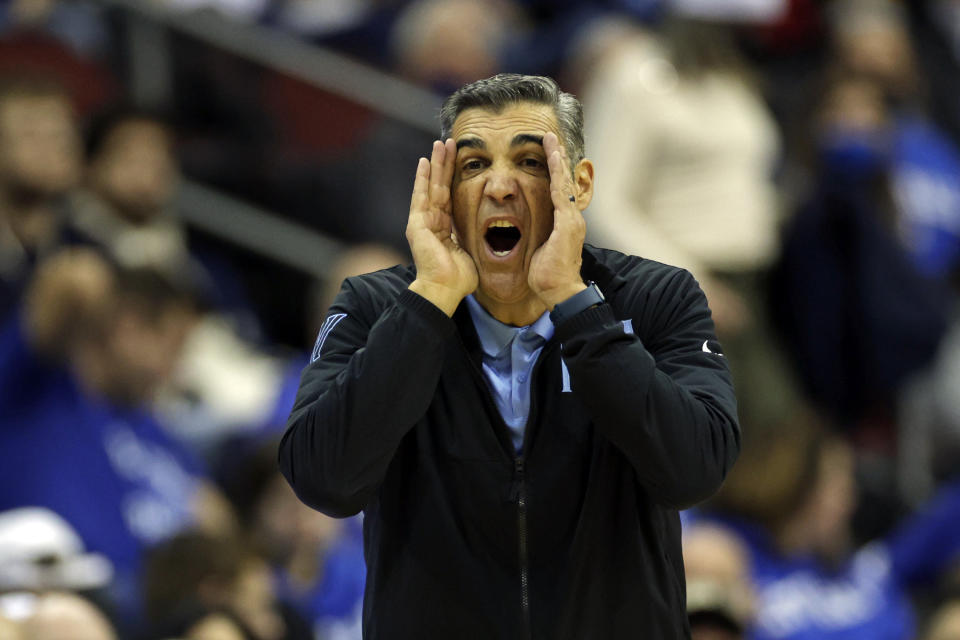 Villanova head coach Jay Wright directs his team against Seton Hall during the first half of an NCAA college basketball game Saturday, Jan. 1, 2022, in Newark, N.J. (AP Photo/Adam Hunger)