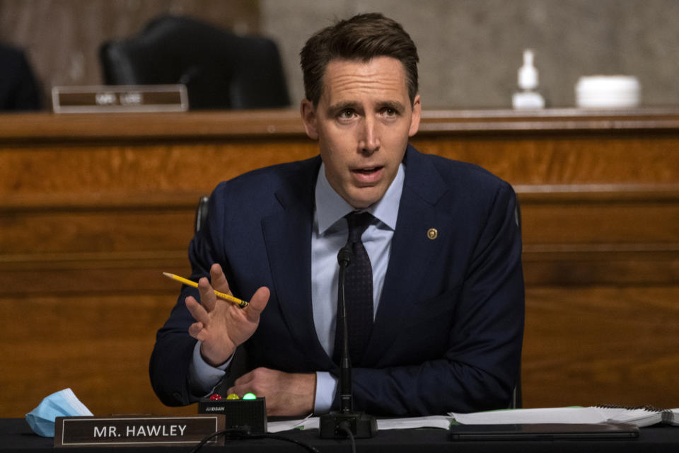 FILE - In this Aug. 5, 2020, file photo Sen. Josh Hawley, R-Mo., speaks during a Senate Judiciary Committee oversight hearing on Capitol Hill in Washington. Hearings before the Republican-led Senate Judiciary Committee will begin Monday, Oct. 12, for President Donald Trump’s Supreme Court nominee Judge Amy Coney Barrett. (AP Photo/Carolyn Kaster, Pool, File)