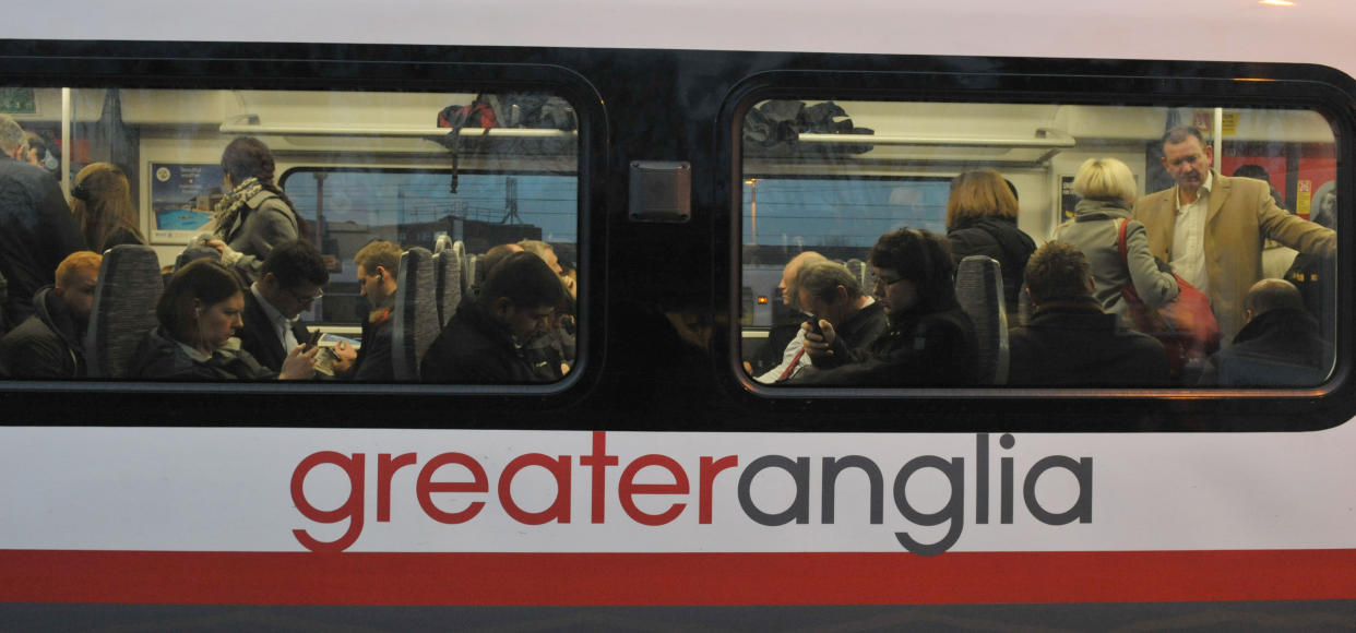 Commuters on board a Greater Anglia train at Shenfield in Essex, as workers in five rail companies stage a fresh wave of strikes in the bitter disputes over the role of guards, causing disruption to services in the first full week back to work after the festive break.