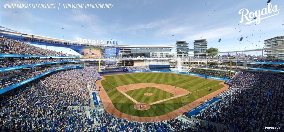 A rendering from stadium design firm Populous shows a concept of what a new Kansas City Royals stadium located in North Kansas City might look like.