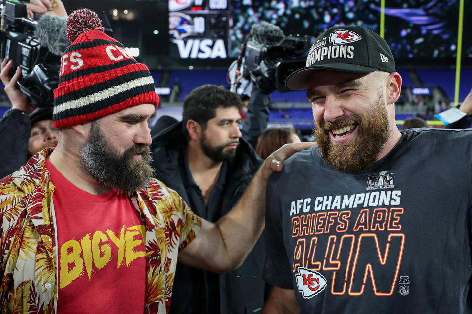Travis Kelce celebrates with his brother Jason Kelce in Baltimore on Jan. 28, 2024. (Patrick Smith / Getty Images file)