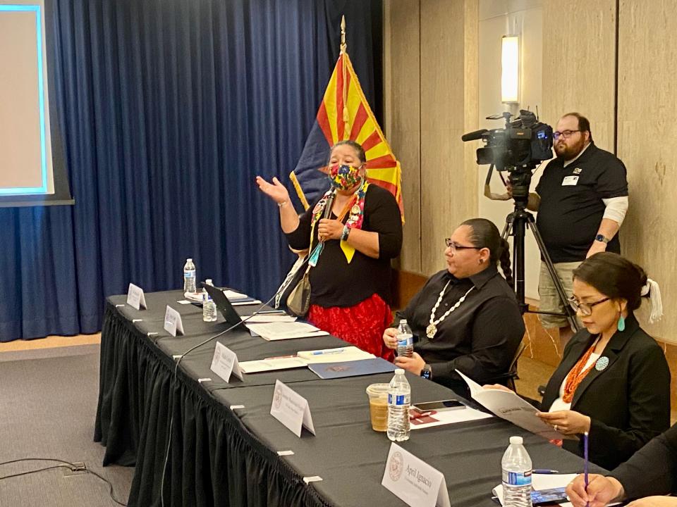 Navajo Nation Council Delegate Amber Kanazbah Crotty introduces herself to the other 13 members of the Missing and Murdered Indigenous People Task Force, May 8, 2023, in Phoenix.