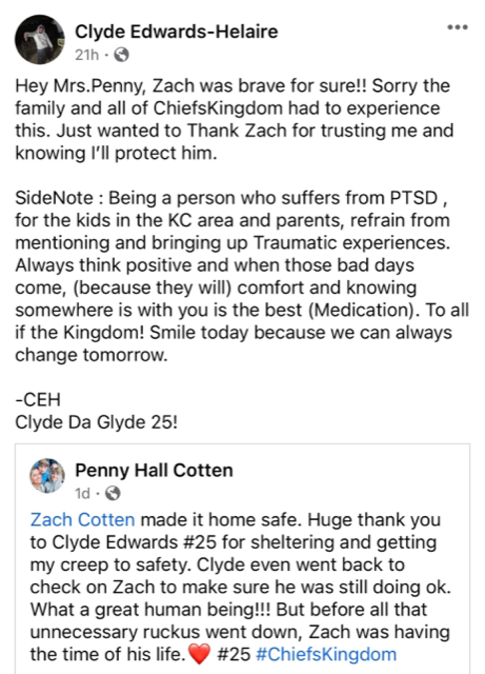 Chiefs #25 Clyde Edwards-Helaire responded to a Kansas City woman’s social media thanks for looking after a 13-year-old fan amidst the shooting chaos on Wednesday (Facebook)