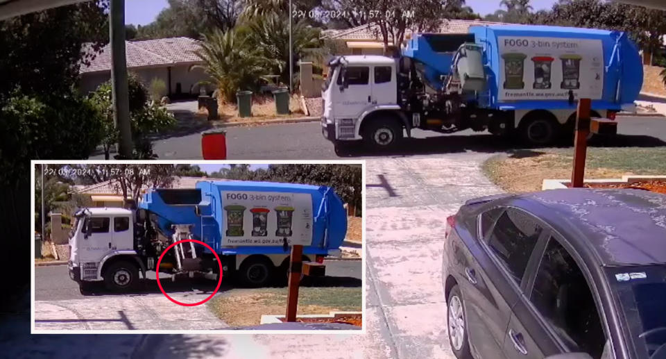 CCTV showing a garbage truck collecting rubbish with the bin falling into the truck. 