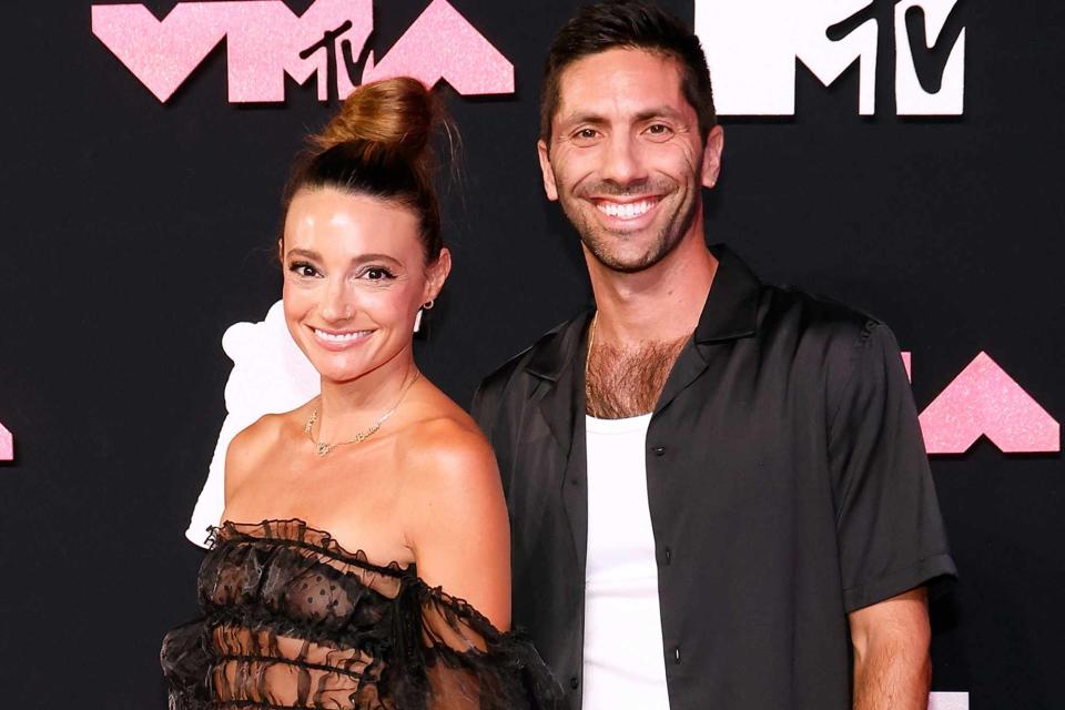 <p>Taylor Hill/Getty</p> Laura Perlongo and Nev Schulman attend the 2023 MTV Video Music Awards on September 12, 2023 in Newark, New Jersey.