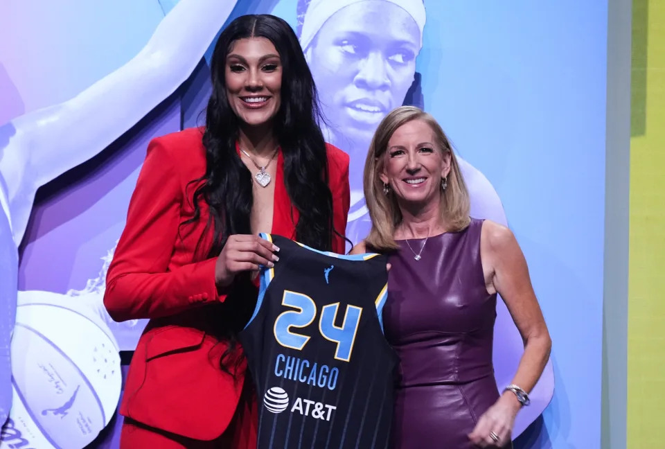 Kamilla Cardoso and Cathy Engelbert at the WNBA Draft 2024 held at the Brooklyn Academy of Music on April 15, 2024 in New York City.