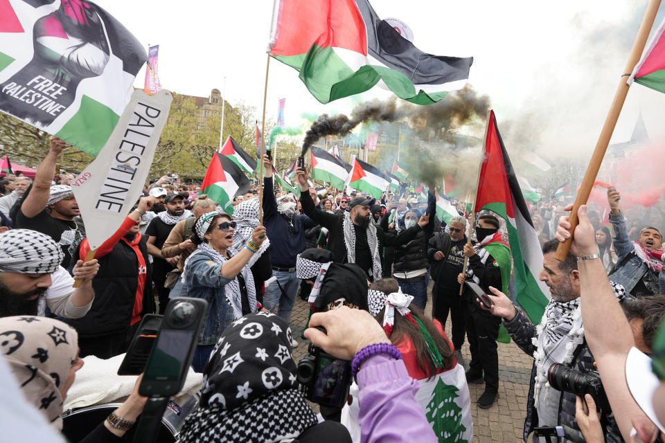 People protest at a Pro-Palestinian demonstration for excluding Israel from Eurovision ahead of the second semi-final at the Eurovision Song Contest in Malmo, Sweden, Thursday, May 9, 2024. (AP Photo/Martin Meissner)