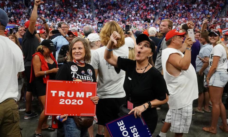 Supporters chant “fake news” as Trump speaks in Orlando