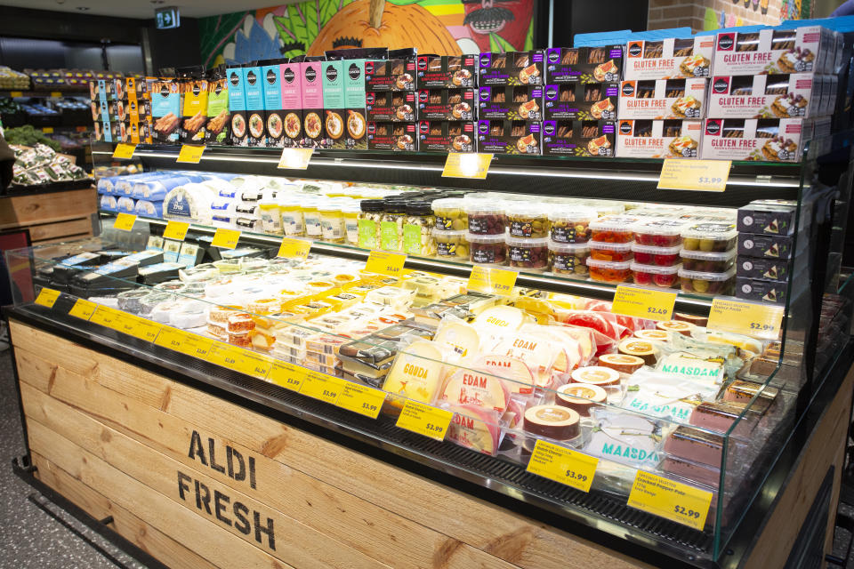 A cheese display at Aldi Corner Store, North Sydney.