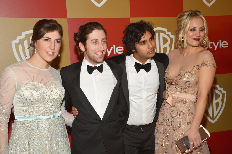 (L-R) Actors Mayim Bialik, Simon Helberg, Kunal Nayyar and Kaley Cuoco attend the 2013 InStyle and Warner Bros. 70th Annual Golden Globe Awards Post-Party held at the Oasis Courtyard in The Beverly Hilton Hotel on January 13, 2013 in Beverly Hills, California.