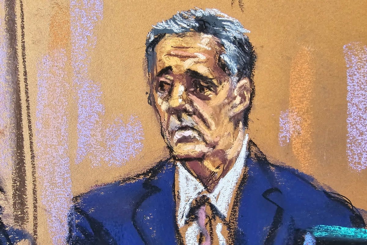 Michael Cohen seen in courtroom sketch as he is questioned by prosecutor Susan Hoffinger during Donald Trump's criminal trial on May 13 2024 (REUTERS)