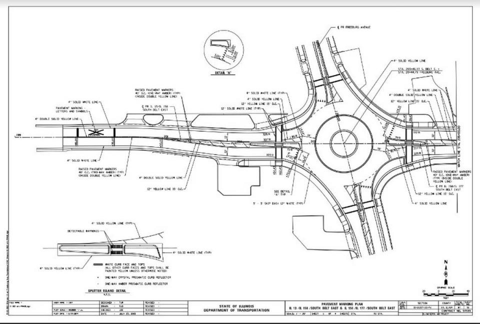 This diagram shows what a roundabout would look like if built at the intersection of South Belt East, which runs east and west, and Freeburg Avenue in Belleville, near Belle-Clair Fairgrounds.