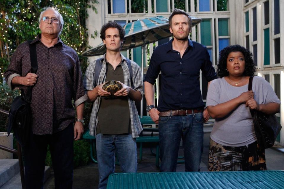 Chevy Chase (from left), David Neher, Joel McHale and Yvette Nicole Brown in “Community.” ©NBC/Courtesy Everett Collection