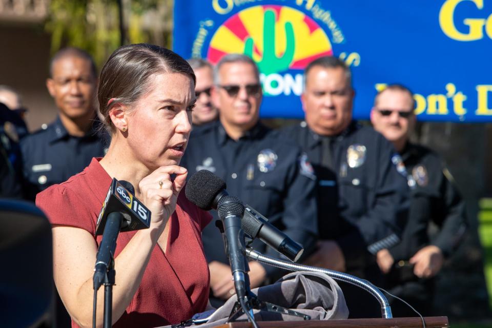 Pima County Attorney Laura Conover gives a bilingual speech at the Governor's Office of Highway Safety's DUI Task Force Launch at the Capitol in Phoenix on Dec. 2, 2021.