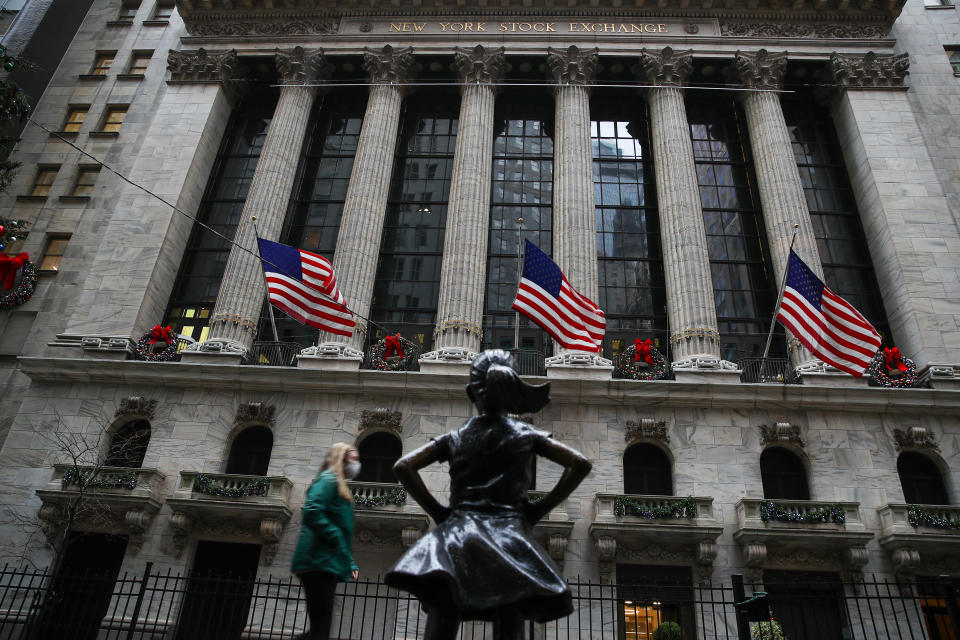 NEW YORK, USA - NOVEMBER 30: New York Stock Exchange building is seen decorated for Christmas at the Financial District in New York City, United States on November 30, 2020. New York is ranked as one of the largest International Financial Centres ("IFC") in the world, now seen so quiet due the Covid-19 pandemic. (Photo by Tayfun Cokun/Anadolu Agency via Getty Images)