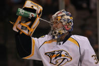 DALLAS, TX - FEBRUARY 19: Pekka Rinne #35 of the Nashville Predators sprays water before a game against the Dallas Stars at American Airlines Center on February 19, 2012 in Dallas, Texas. (Photo by Ronald Martinez/Getty Images)