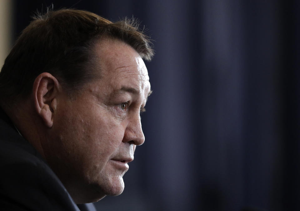 New Zealand All Blacks coach Steve Hansen answers questions during a press conference at the Prebbleton Rugby Club on the outskirts of Christchurch, New Zealand, Monday, Oct. 15, 2018. The All Blacks have taken the unprecedented step of naming a player based in Japan among an enlarged 51-man squad for autumn test matches against Australia, Japan, England, Ireland and Italy. (AP Photo/Mark Baker)