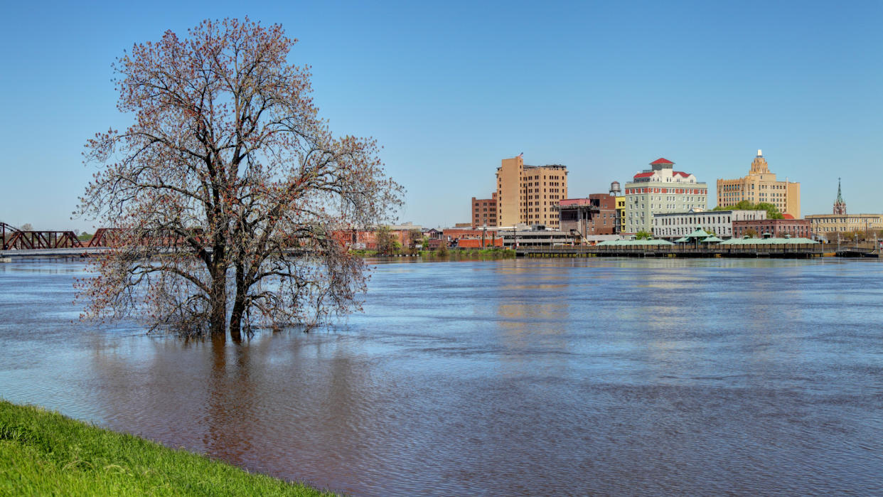 Flooded Ouachita River along the banks of downtown Monroe.