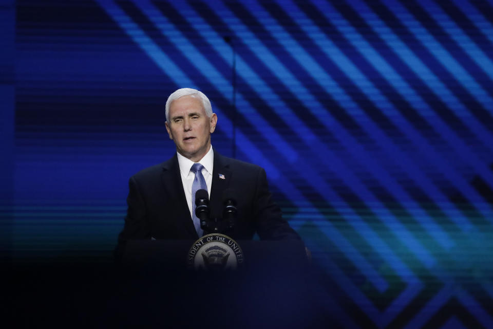 Vice President Mike Pence speaks at Passion City Church during a memorial service for Ravi Zacharias on Friday, May 29, 2020, in Atlanta. (AP Photo/Brynn Anderson)