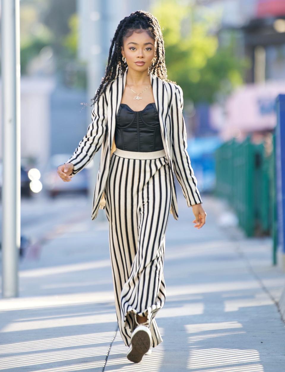 <p>Skai Jackson steps out in L.A. on June 14 in a striped suit. </p>