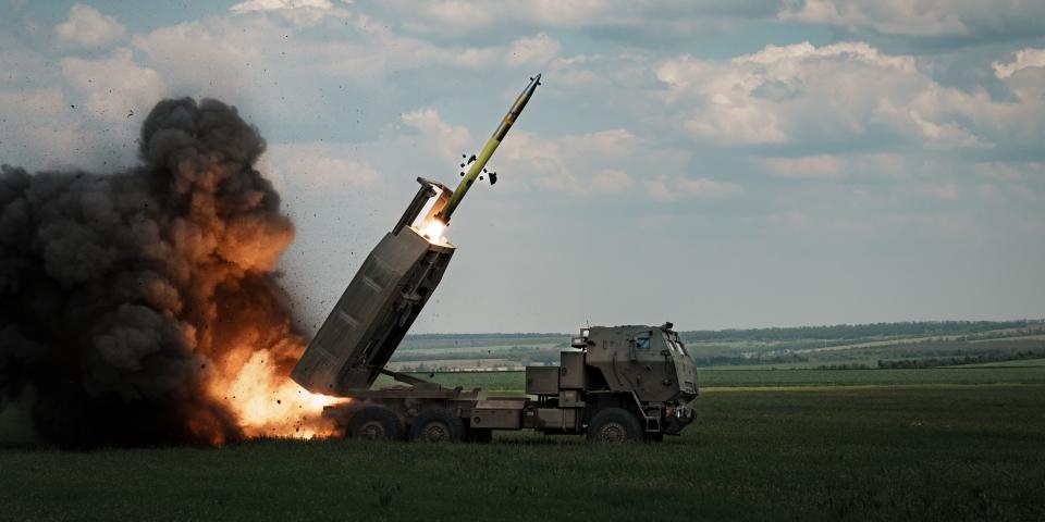 A M142 HIMARS launches a rocket on the Bakhmut direction on May 18, 2023 in Donetsk Oblast, Ukraine.