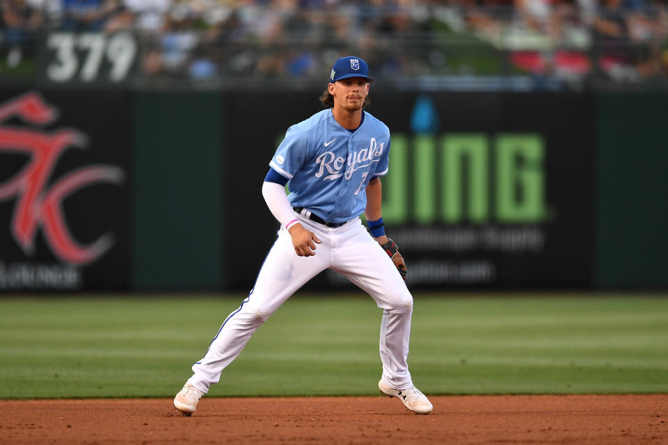 Bobby Witt Jr. is considered a top prospect in baseball by many scouts.  He is heading north with the Royals as a starting third man from base.  (Photo by Chris Bernachi / Diamond Images via Getty Images)