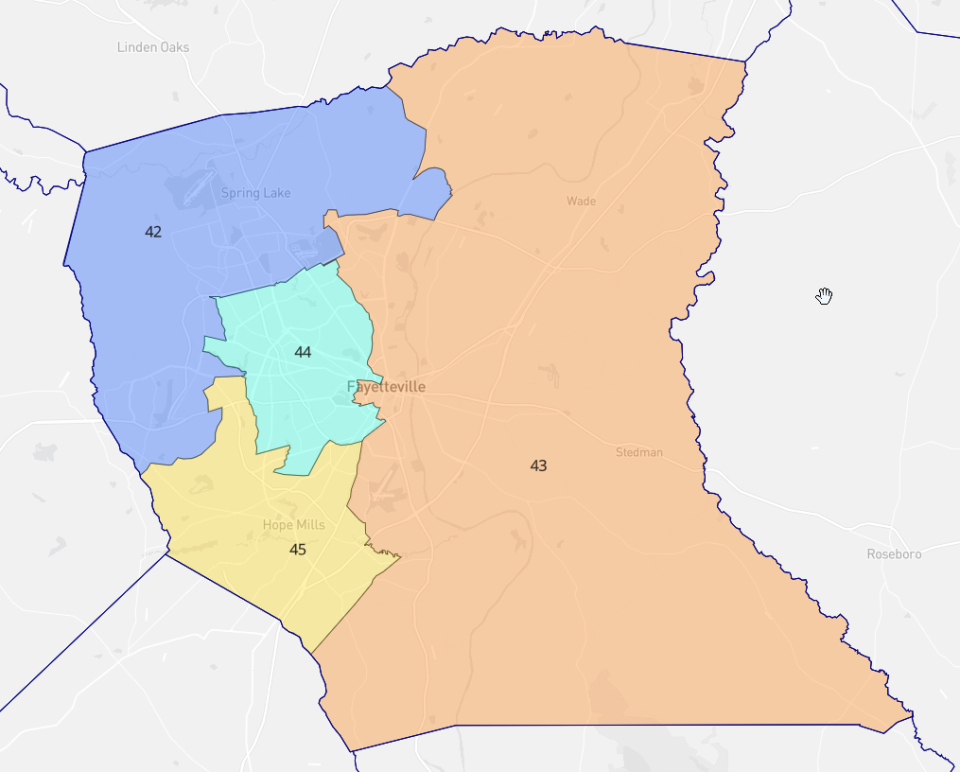 This map shows the temporary North Carolina House of Representatives districts used in Cumberland County for the 2022 elections.