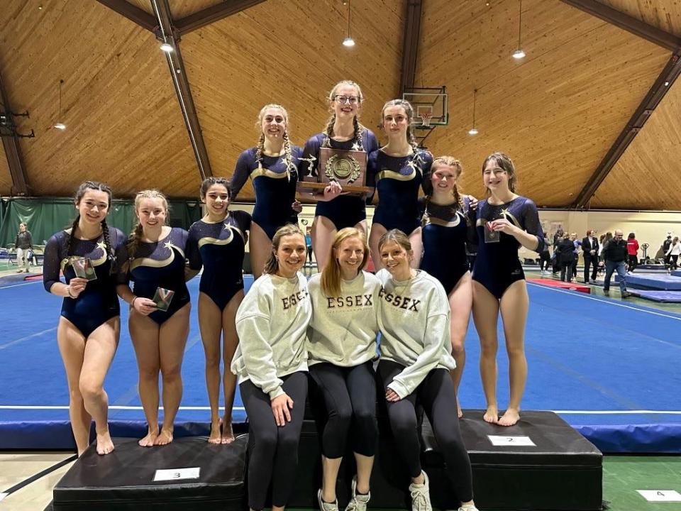 Essex High School poses after winning the Vermont gymnastics state crown at St. Johnsbury Academy on Saturday, Feb. 17, 2024.