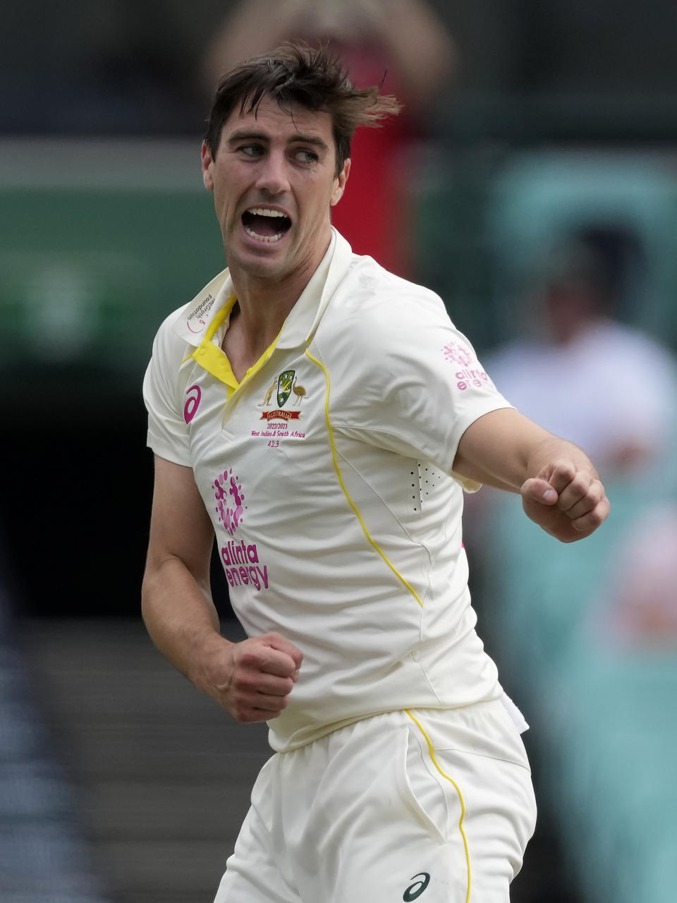 Australia's Pat Cummins celebrates taking the wicket of South Africa's Heinrich Klaasen during the fourth day of their cricket test match at the Sydney Cricket Ground in Sydney, Saturday, Jan. 7, 2023. (AP Photo/Rick Rycroft)