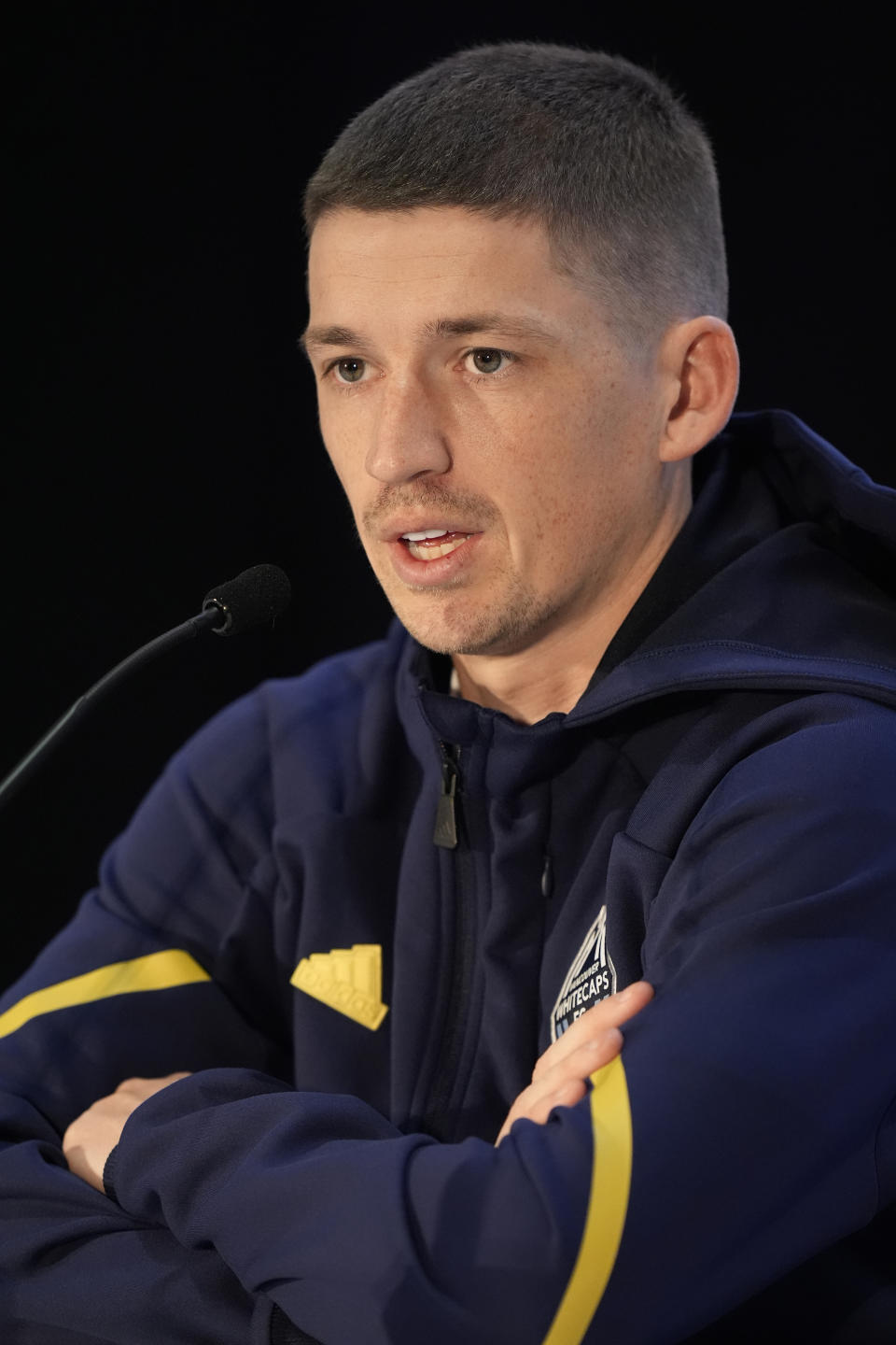 Vancouver Whitecaps FC midfielder Ryan Gauld speaks during a news conference at the Major League Soccer 2024 Media Day, Thursday, Jan. 11, 2024, in Miami Beach, Fla. (AP Photo/Wilfredo Lee)