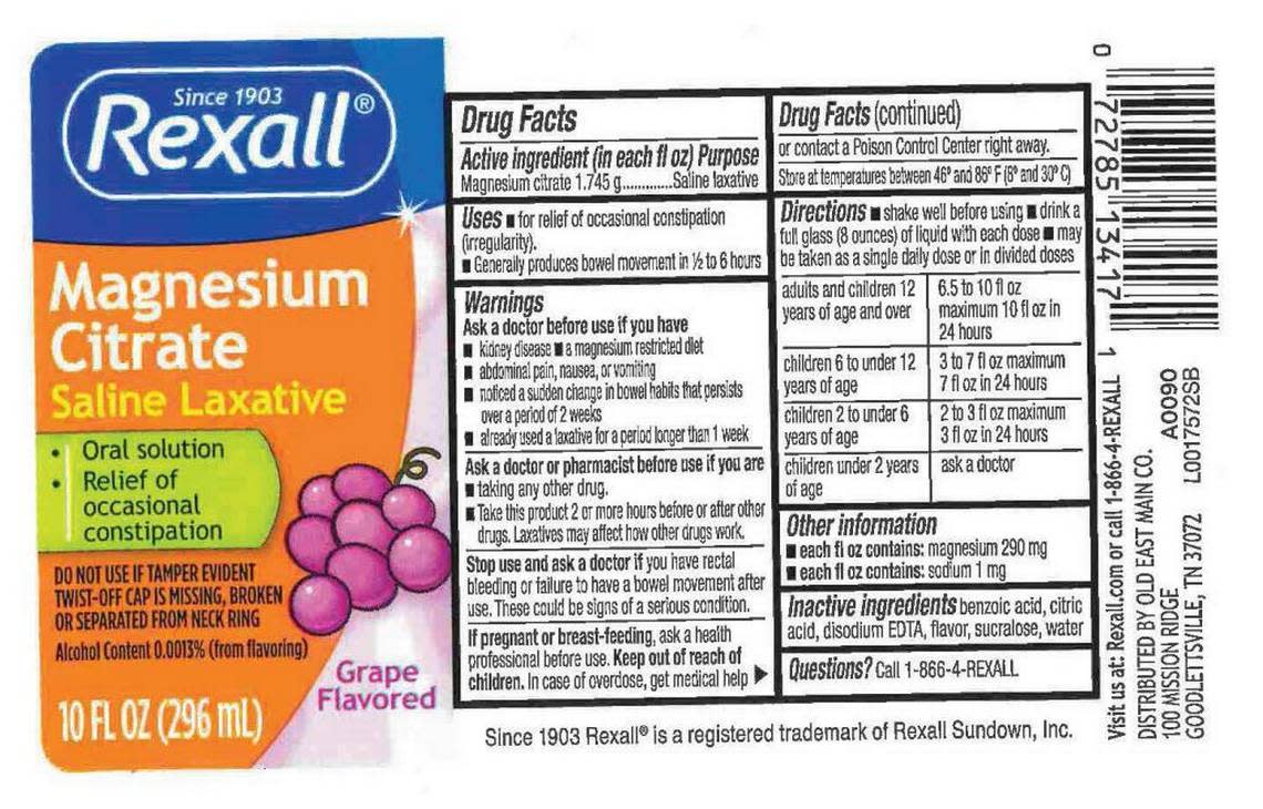 A deconstructed box of Rexall Magnesium Citrate laxative, grape flavor.