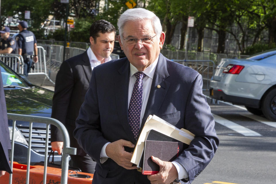 CORRECTS DAY OF WEEK TO TUESDAY INSTEAD OF MONDAY - Sen. Robert Menendez, D-N.J., arrives at federal court, Tuesday, May 28, 2024. Menendez is accused of taking bribes of cash, gold bars and a luxury car in exchange for favors performed for several New Jersey businessmen. (AP Photo/Ted Shaffrey)