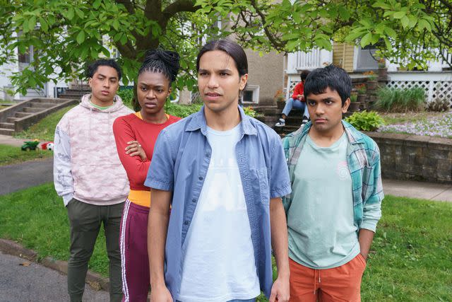 <p>Brett Roedel/Hulu</p> From left: Christian Vunipola, Imani Lewis, Tyler Dean Flores and Suraj Partha in 'Miguel Wants to Fight,' 2023