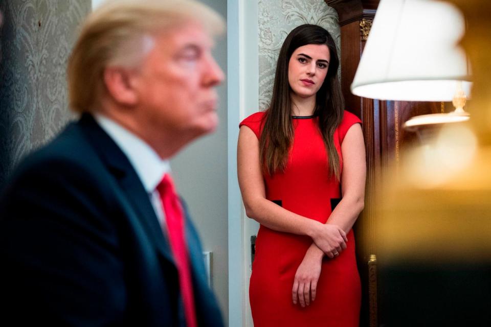 PHOTO: Madeleine Westerhout watches as President Donald Trump speaks during a meeting with North Korean defectors in the Oval Office at the White House in Washington, Feb. 2, 2018.  (The Washington Post via Getty Images)