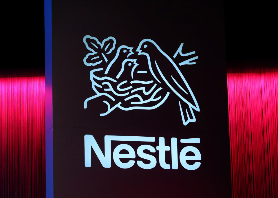 A logo is pictured during the 152nd Annual General Meeting of Nestle in Lausanne, Switzerland April 11, 2019. REUTERS/Denis Balibouse