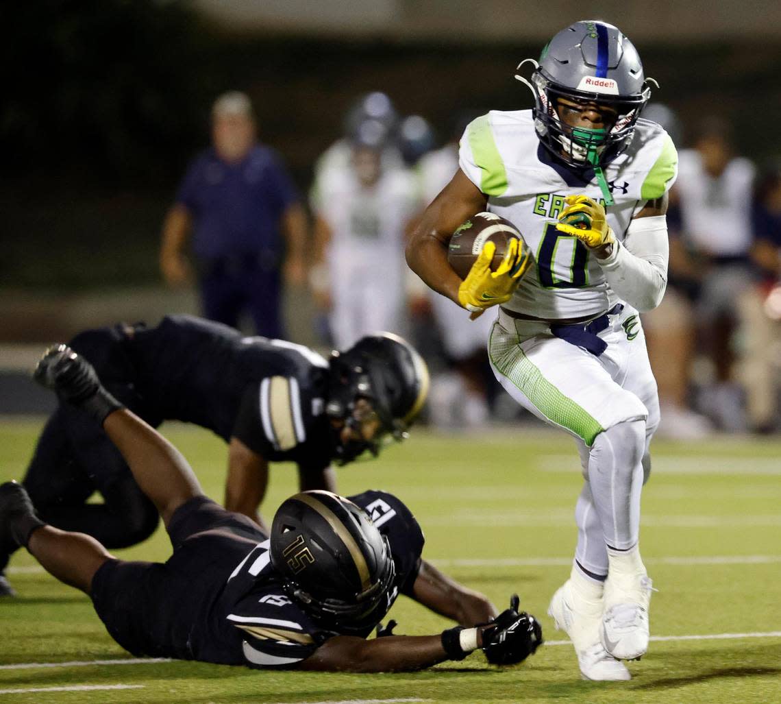 Eaton running back Chris Duharte (0) heads to the end zone for six in the first half of a UIL high school football game at Keller ISD Stadium in Keller, Texas, Thursday, Sept. 21, 2023. Eaton led 24-14 at the half. Bob Booth/Special to the Star-Telegram