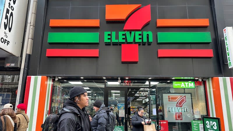 People shop at a 7-Eleven convenience store in midtown Manhattan in New York on Tuesday, March 19, 2024. Bring your own cup day is returning to the convenience store on Saturday, April 13, 2024.