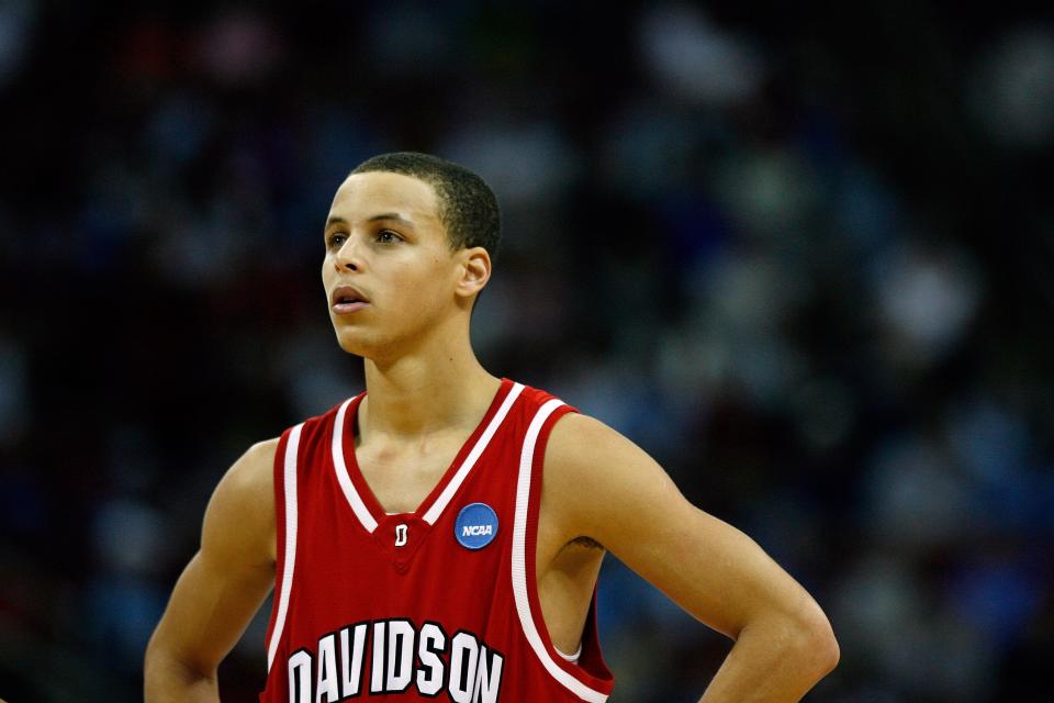 Stephen Curry #30 of the Davidson Wildcats looks on against the Georgetown Hoyas during the 2nd round of the East Regional of the 2008 NCAA Men's Basketball Tournament at RBC Center on March 23, 2008 in Raleigh, North Carolina. The Wildcats defeated the Hoyas 74-70.